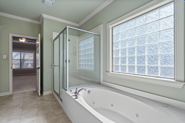 bathroom with visible vents, ornamental molding, a shower stall, tile patterned floors, and a jetted tub