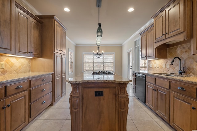 kitchen with a sink, a center island, light tile patterned flooring, crown molding, and dishwasher