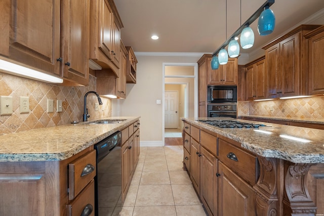 kitchen featuring light tile patterned floors, brown cabinetry, ornamental molding, a sink, and black appliances