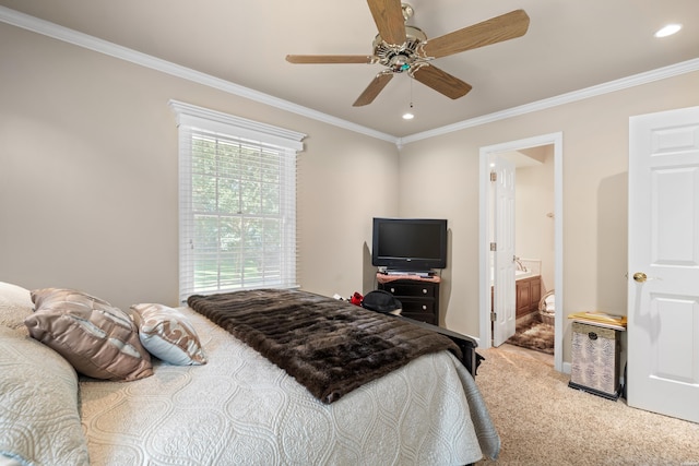 carpeted bedroom with ceiling fan, ornamental molding, ensuite bath, and recessed lighting