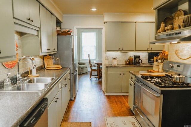 kitchen featuring appliances with stainless steel finishes, ornamental molding, a sink, light wood-type flooring, and under cabinet range hood