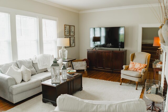 living area with ornamental molding and dark wood-style flooring