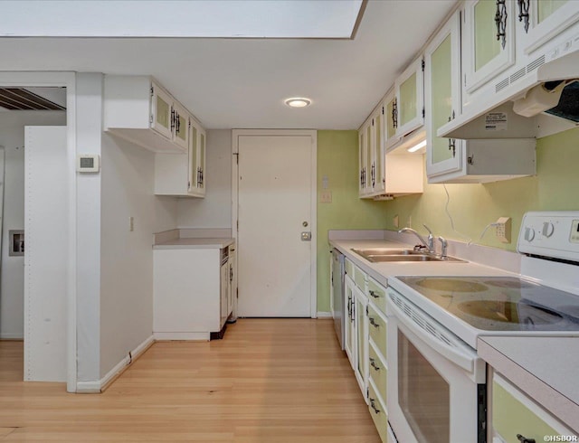 509 Belvedere Dr Unit B4, Hot Springs, AR 71901 - kitchen with white electric stove, a sink, under cabinet range hood, light wood finished floors, and light countertops