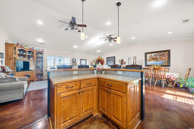 kitchen with light countertops, visible vents, brown cabinetry, open floor plan, and a kitchen island