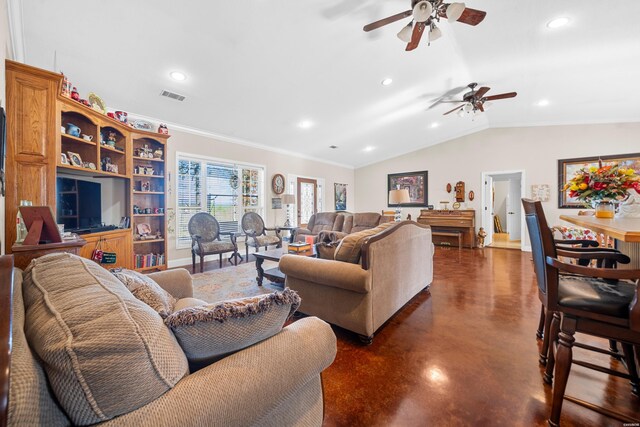 living area featuring recessed lighting, visible vents, a ceiling fan, vaulted ceiling, and concrete flooring