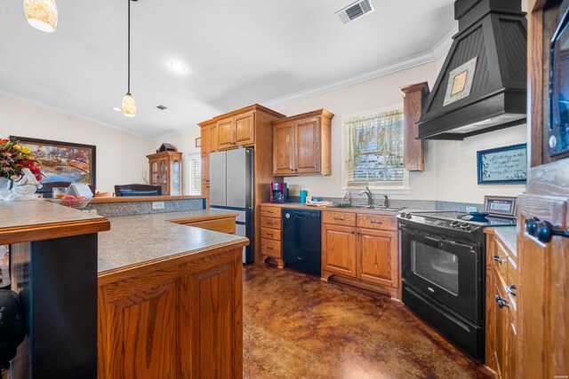 kitchen featuring premium range hood, a sink, visible vents, brown cabinets, and black appliances