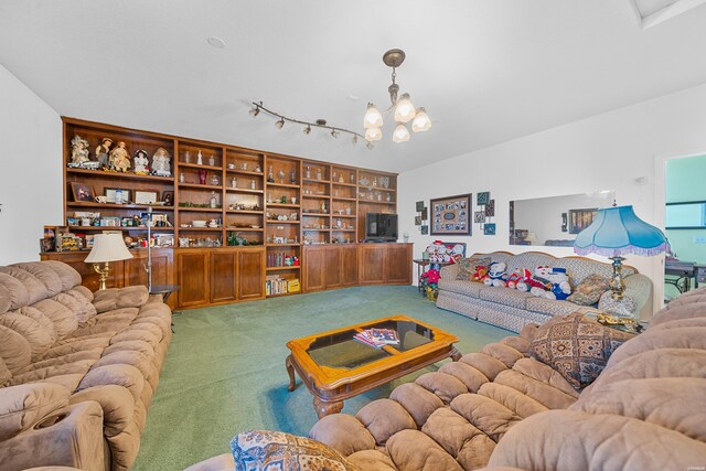 living room featuring an inviting chandelier and carpet flooring