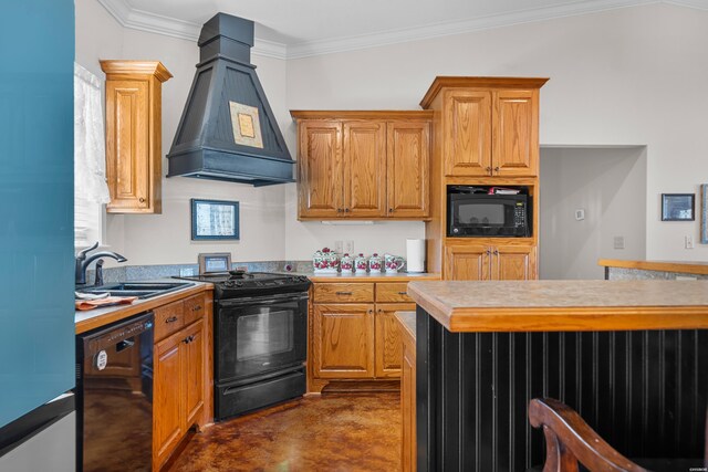 kitchen with finished concrete flooring, light countertops, black appliances, premium range hood, and a sink