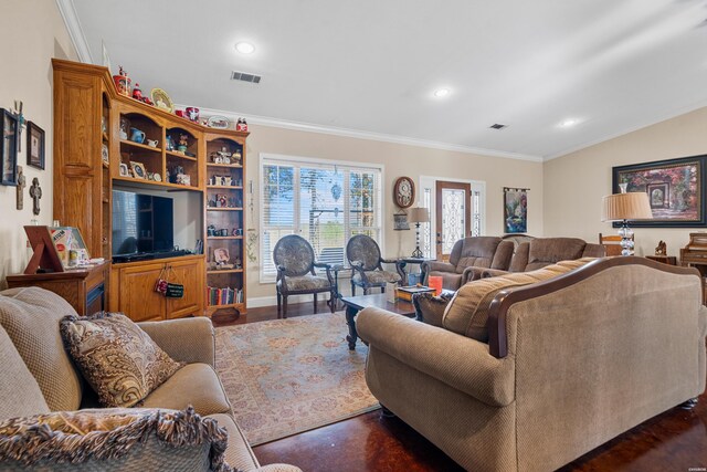 living area with dark wood-style floors, ornamental molding, visible vents, and recessed lighting