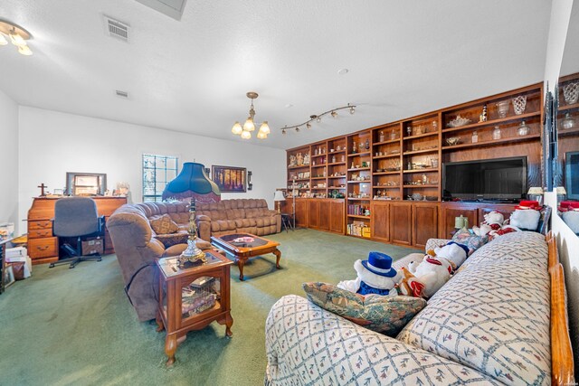 living area featuring an inviting chandelier, carpet, and visible vents