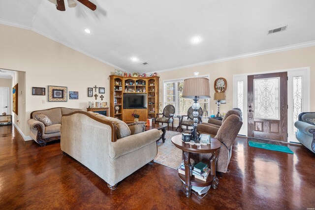 living area featuring lofted ceiling, baseboards, visible vents, and crown molding