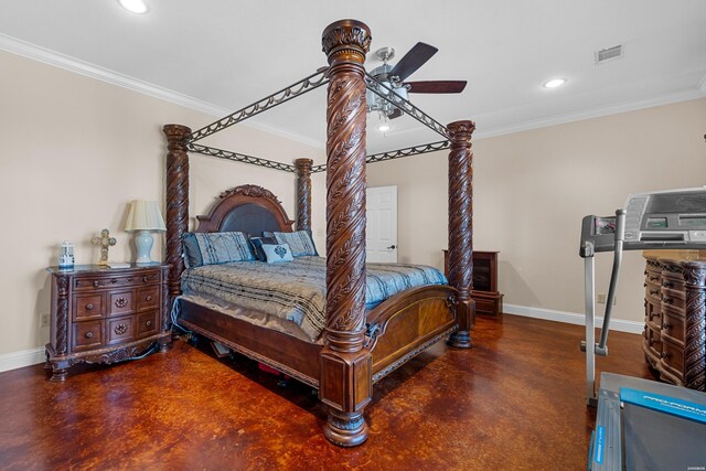 bedroom featuring concrete flooring, ornamental molding, visible vents, and baseboards