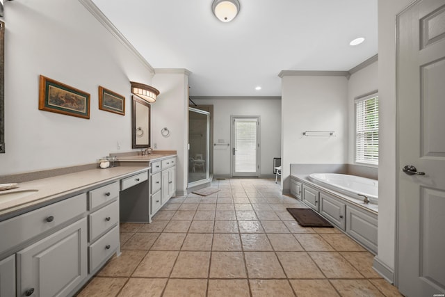 full bath featuring ornamental molding, a garden tub, vanity, a shower stall, and recessed lighting