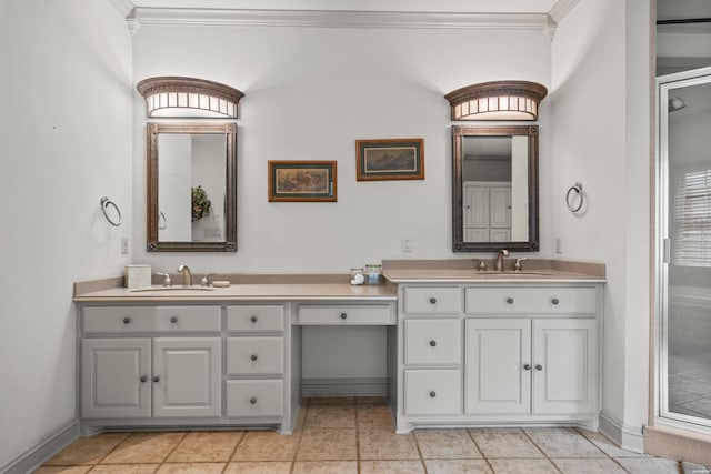 bathroom with double vanity, ornamental molding, and a sink