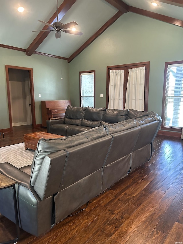 1910 Josh Dr, Conway, AR 72034 - living room with ceiling fan, hardwood / wood-style floors, beam ceiling, and high vaulted ceiling