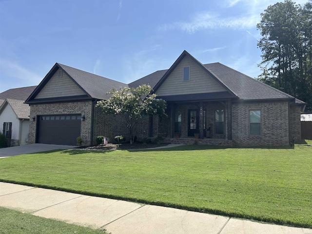 1910 Josh Dr, Conway, AR 72034 - craftsman-style home with brick siding, an attached garage, a front lawn, and concrete driveway