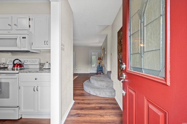 foyer with dark wood-type flooring and baseboards