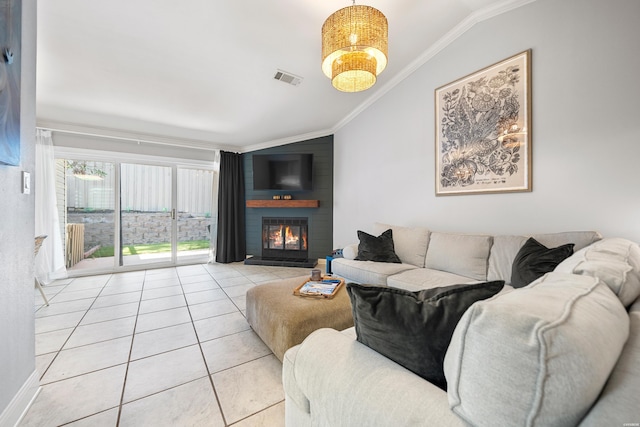 living room with visible vents, ornamental molding, a fireplace, light tile patterned floors, and vaulted ceiling