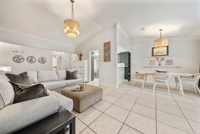 living area with visible vents, ornamental molding, light tile patterned floors, baseboards, and vaulted ceiling