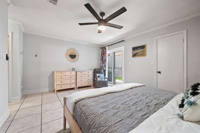 bedroom featuring visible vents, baseboards, light tile patterned flooring, ceiling fan, and crown molding