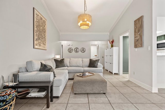 living room with light tile patterned flooring, baseboards, and ornamental molding