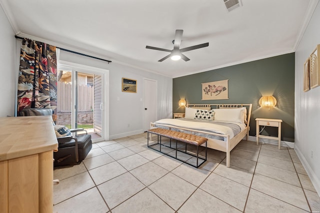 bedroom featuring crown molding, light tile patterned flooring, access to exterior, and visible vents