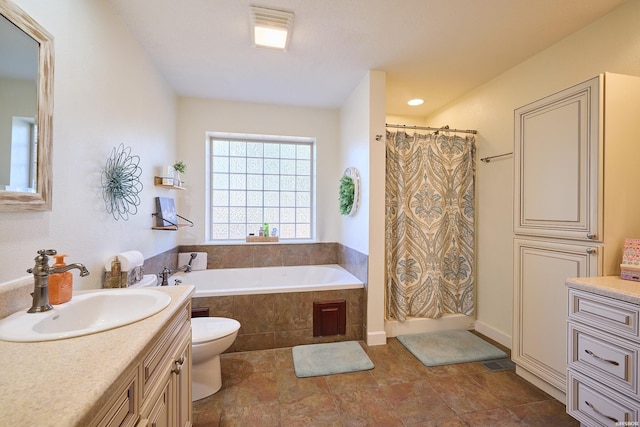 bathroom featuring toilet, visible vents, vanity, a shower with curtain, and a bathtub