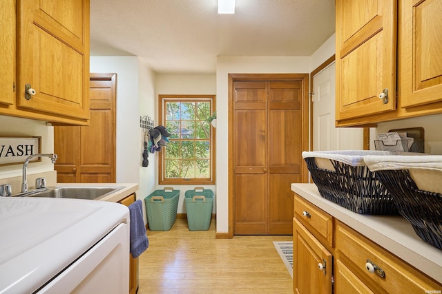 washroom featuring light wood-style flooring, a sink, and cabinet space