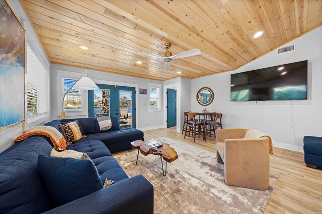 living room featuring wood ceiling, french doors, wood finished floors, and visible vents