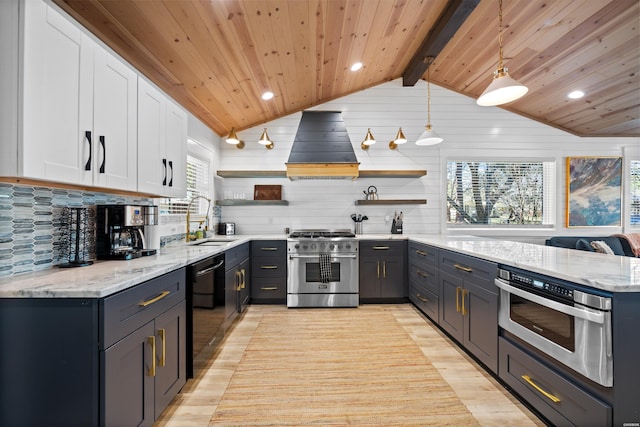 kitchen featuring open shelves, hanging light fixtures, stainless steel range, and white cabinetry