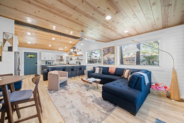 living room featuring light wood-type flooring, wooden ceiling, vaulted ceiling, and wood walls