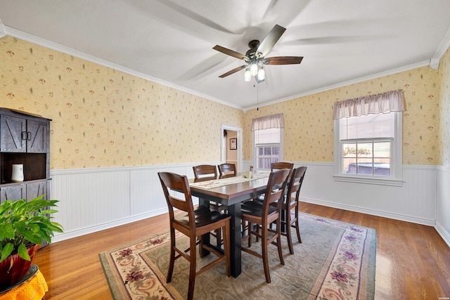 dining room featuring crown molding, wood finished floors, a ceiling fan, and a wainscoted wall