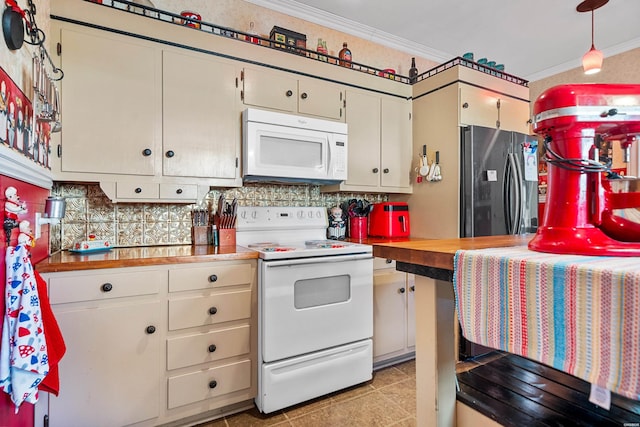 kitchen with crown molding, tasteful backsplash, and white appliances
