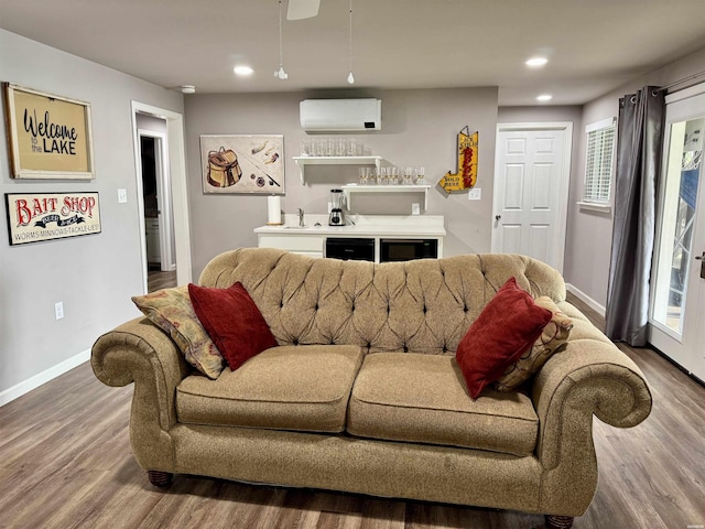 115 Ledgerock Rd, Hot Springs, AR 71913 - living room with a bar, a wall mounted AC, wood finished floors, baseboards, and recessed lighting