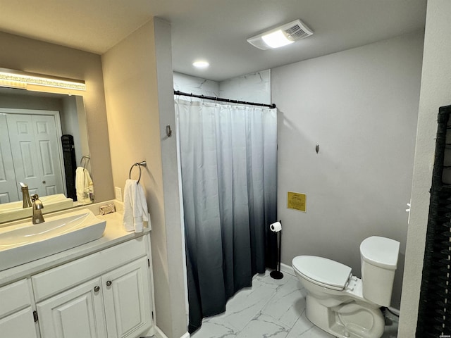 115 Ledgerock Rd, Hot Springs, AR 71913 - bathroom featuring marble look tile flooring, toilet, vanity, and a shower with shower curtain