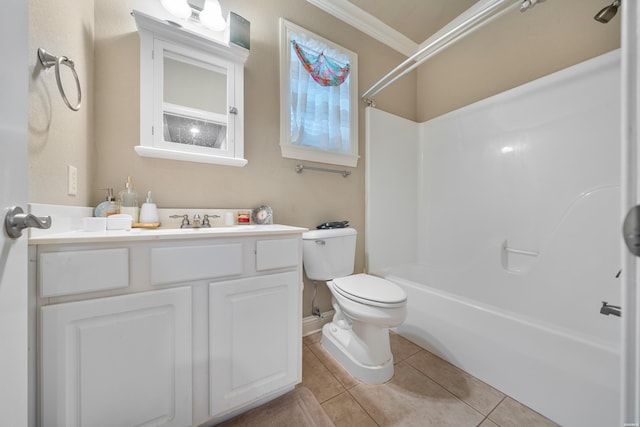 full bath with toilet, ornamental molding, tile patterned flooring, vanity, and washtub / shower combination