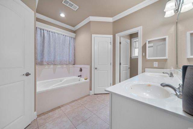 full bathroom with a sink, crown molding, a garden tub, and visible vents