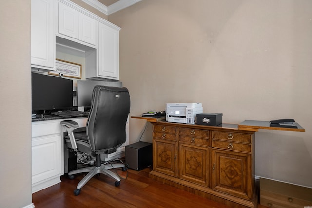 office area with crown molding and dark wood-style flooring