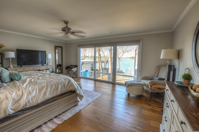 bedroom with access to exterior, crown molding, ceiling fan, and wood finished floors