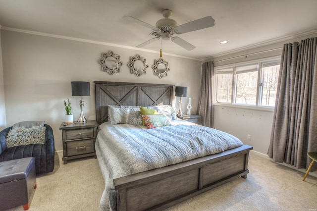 bedroom featuring recessed lighting, ornamental molding, light carpet, ceiling fan, and baseboards