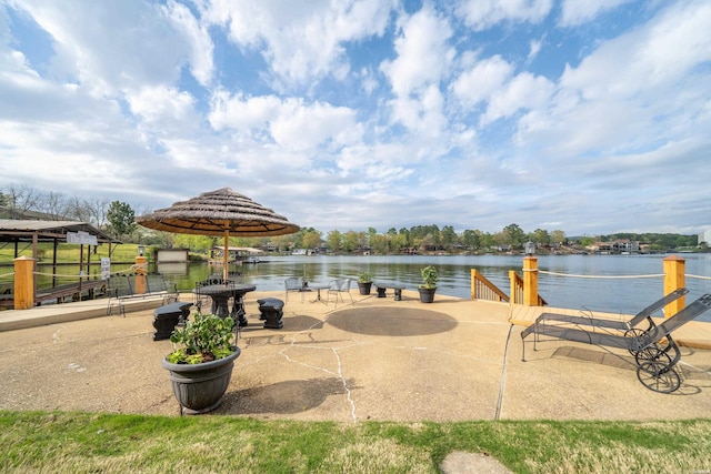 exterior space with a water view