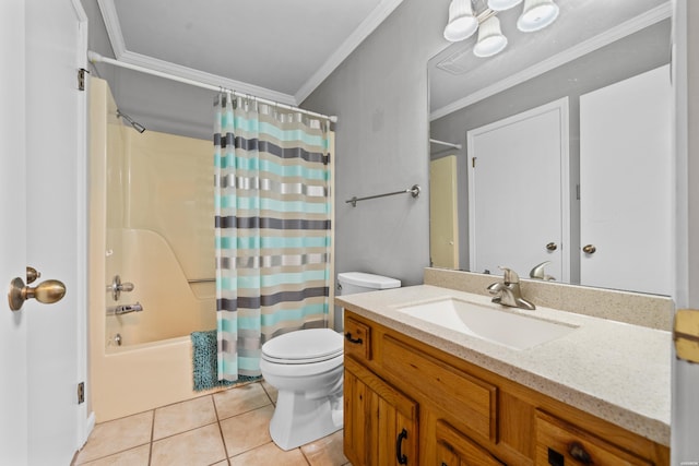 full bath featuring crown molding, toilet, shower / tub combo, vanity, and tile patterned floors