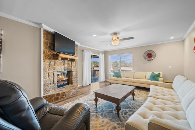 living area featuring ceiling fan, ornamental molding, wood finished floors, and a stone fireplace