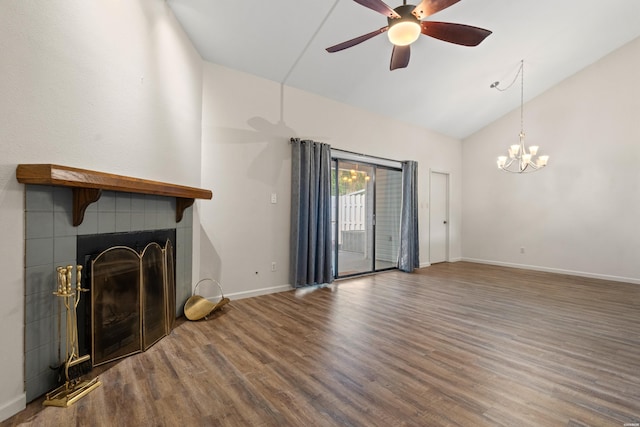 12 Beldoir Ct Unit 12, Hot Springs, AR 71901 - unfurnished living room with ceiling fan, wood finished floors, high vaulted ceiling, a chandelier, and a fireplace