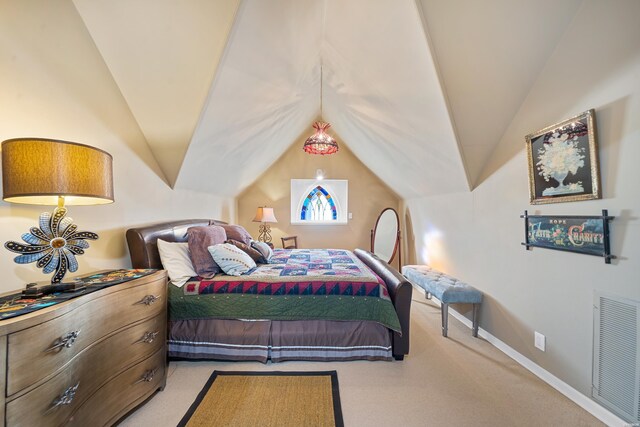 bedroom featuring lofted ceiling, visible vents, light carpet, and baseboards