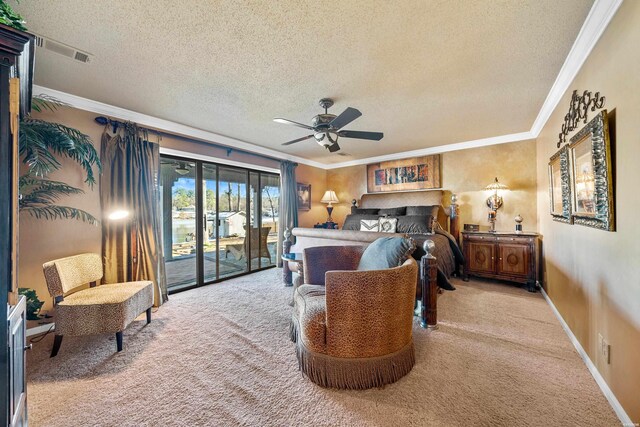 bedroom featuring light carpet, access to outside, and ornamental molding