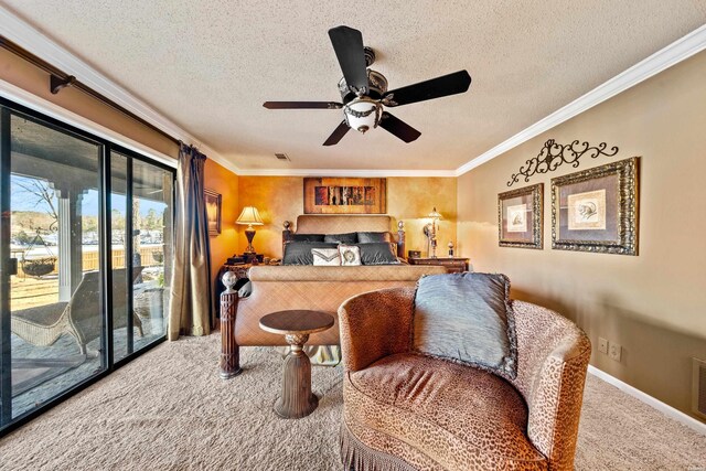 bedroom featuring carpet floors, access to exterior, ornamental molding, and a textured ceiling