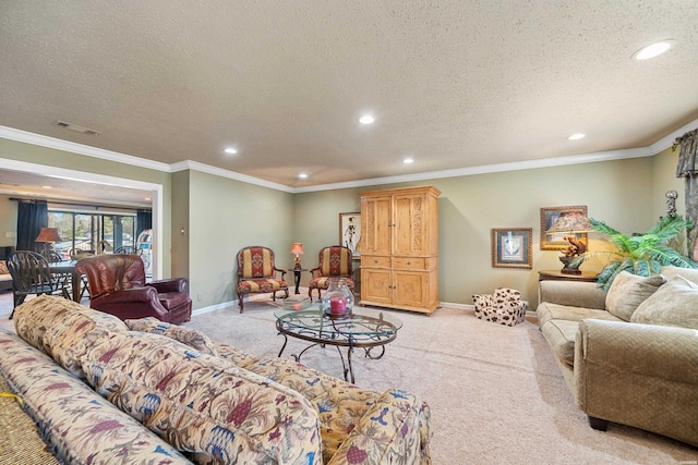 living area with ornamental molding, light carpet, visible vents, and baseboards