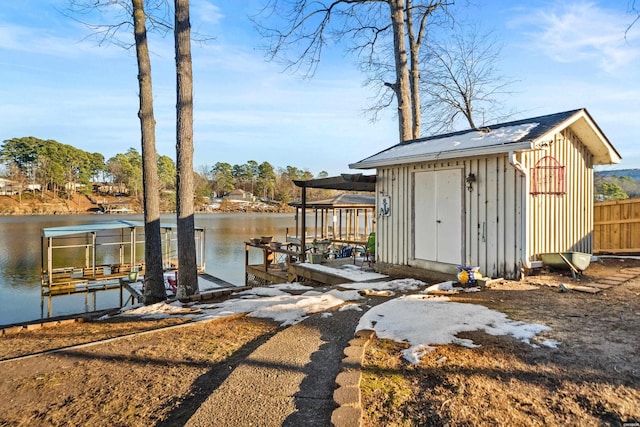 view of outdoor structure with a water view