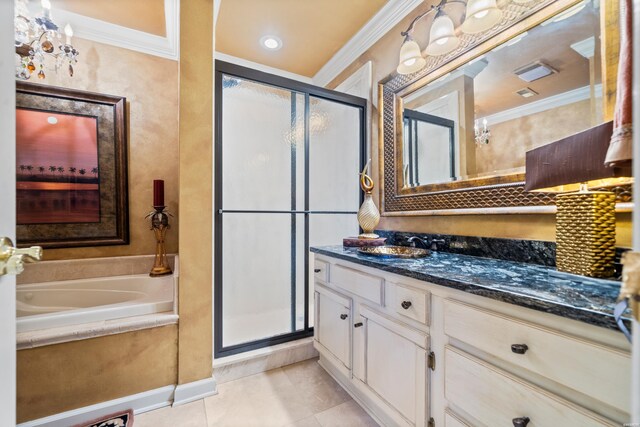 bathroom with crown molding, vanity, a shower stall, tile patterned flooring, and a bath